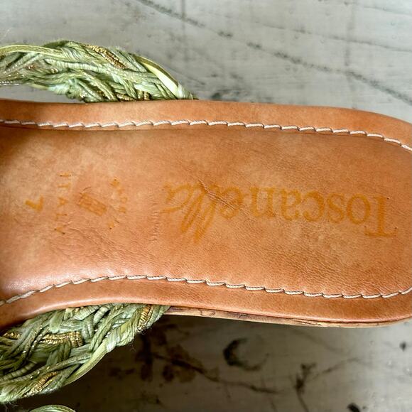 Toscanella leather and fabric platform cork flip flops made in Italy boho sage 7 - Picture 3 of 13